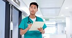 Nurse, thinking and man with chart in healthcare for patient report, medical checklist and health information. Medicine, asian person and paperwork for insurance, diagnosis results and file in clinic