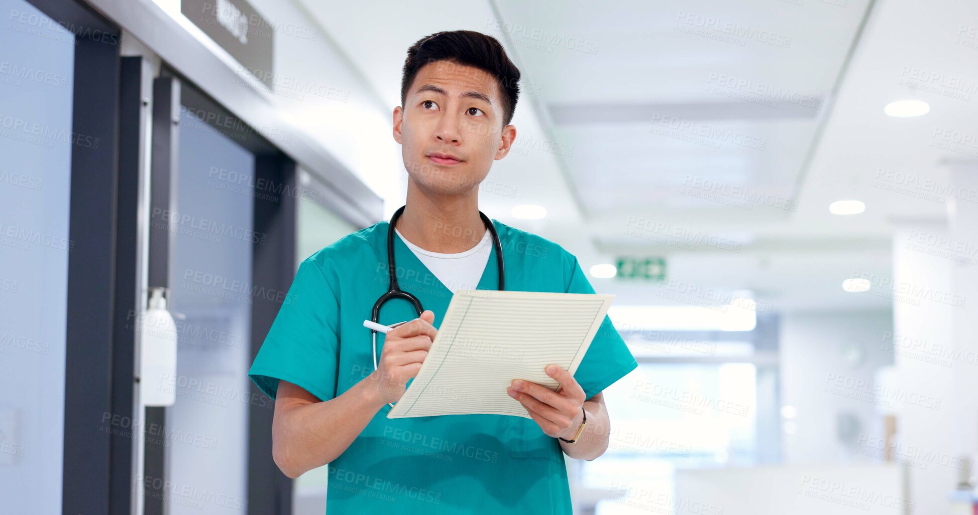 Buy stock photo Nurse, thinking and man with chart in healthcare for patient report, medical checklist and health information. Medicine, asian person and paperwork for insurance, diagnosis results and file in clinic