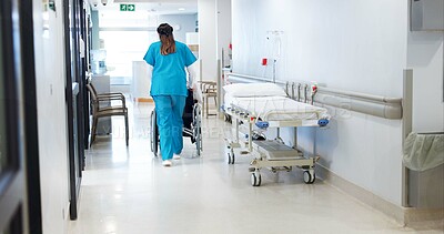 Buy stock photo Healthcare, nurse and patient with handicap in wheelchair for hospital checkup or treatment. Medical, rehabilitation or therapy and medicine professional pushing person with disability from back