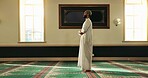 Muslim man, mosque and prayer for faith, worship Allah or holy religion on Eid Mubarak. Islamic person, temple and meditate for peace, hope or praise for spiritual gratitude for dua on Ramadan Kareem