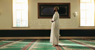 Buy stock photo Muslim man, mosque and prayer for faith, worship Allah or holy religion on Eid Mubarak. Islamic person, temple and meditate for peace, hope or praise for spiritual gratitude for dua on Ramadan Kareem