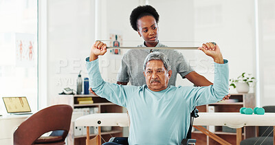 Buy stock photo Resistance band, physiotherapy and senior man in clinic for consultation with muscle recovery. Injury, healthcare and woman physical therapist for helping mature person with stretching arm exercise