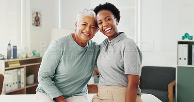 Buy stock photo Portrait, senior woman and happy physical therapist for healthcare, help and wellness. Patient, physiotherapy and person at rehabilitation clinic for medical support, embrace and laughing together