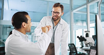 Buy stock photo Teamwork, people or scientists fist bump for research breakthrough, clinical trial or DNA discovery. Success, celebrate or science goals in lab with chemistry results, medical test or medicine cure