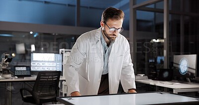 Buy stock photo Scientist, man and mockup with screen for study review, medical research or innovation. Computer table, interactive display and clinical analysis for biotech science data, laboratory and results