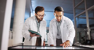 Buy stock photo Scientist, men and screen with meeting for data review, medical research or innovation. Computer table, interactive display and clinical analysis for science, study and teamwork or tablet results