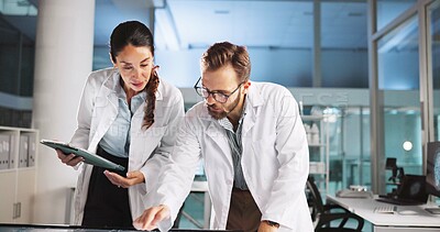 Buy stock photo Scientist, people and meeting with tablet for review, medical research or innovation. Technology, interactive display and clinical biotech partnership for science, teamwork study or results.