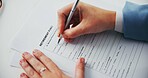 Hands, document and writing with retirement at office for identity, compliance or application at insurance agency. Person, paperwork and legal agreement for saving, investment and sign for pension