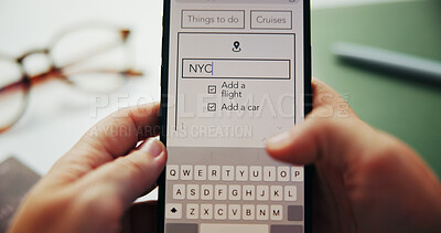 Buy stock photo Hands, person and phone screen for travel app, itinerary or car rental in office. Display, mobile and typing closeup for holiday checklist, planning trip or booking flight for destination to New York
