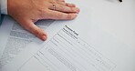 Hands, document and contract for pension at office for identity, compliance or application at insurance agency. Person, paperwork and legal agreement for saving, investment or funding for retirement