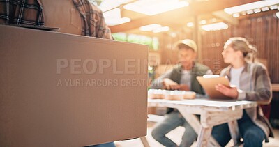 Buy stock photo Box, farmers market and people with vegetables for small business with sustainability. Supply chain, cardboard package and agricultural distributors with organic produce parcel for delivery.