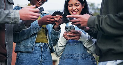 Buy stock photo Phone, group and friends networking on social media, mobile app or network for streaming online. Community, people and students sharing data, music or internet news in circle for communication