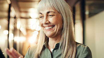 Buy stock photo Office, excited and woman with tech, reading and browsing of website for win, happiness and digital. Business, entrepreneur and mature person with smile for financial growth, review and message