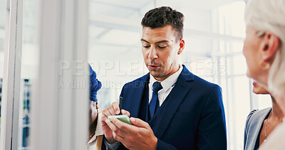 Buy stock photo Writing, meeting and businessman with manager in office for planning, brainstorming or ideas. Research, discussion and male public relations specialist with team preparing for media press release.