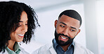 Hospital, teamwork and doctors in meeting, talking and discussion for results or diagnosis. Healthcare, collaboration and woman and man planning in clinic for consulting, medical service and wellness