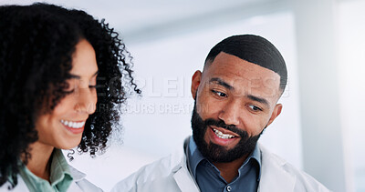 Buy stock photo Hospital, teamwork and doctors in meeting, talking and discussion for results or diagnosis. Healthcare, collaboration and woman and man planning in clinic for consulting, medical service and wellness