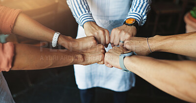 Buy stock photo Teamwork, fist bump and cafe with support, huddle and friendly service with hospitality. Group, barista and employees in coffee shop, hand gesture and cooperation with collaboration and thank you