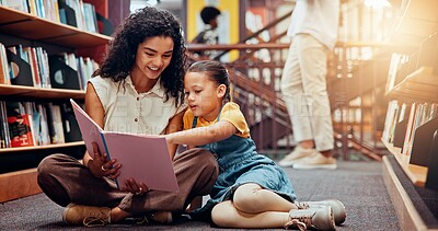 Buy stock photo Teaching, woman or child reading book for storytelling, development or growth in school. Teacher, student or tutor with girl or kid in library for literature lesson, fairy tale or education support
