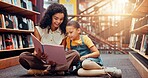 Child, library or teacher reading book for learning, development or storytelling in school. Teaching, tutor or woman with girl, smile or kid for literature lesson, fairy tale or education support