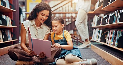 Buy stock photo Child, library or teacher reading book for support, development or storytelling in school. Learning, tutor or woman teaching with girl, smile or kid for literature lesson, fairy tale or education