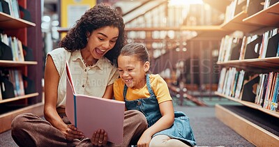 Buy stock photo Child, library or teacher with book for laughing, development or help in school for humor. Teaching, tutor or woman with girl, funny joke or kid for literature lesson, fairy tale or education support