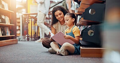 Buy stock photo Child, education or reading book in library for support, development or learning growth in school. Teaching, tutor or woman with girl, story or female kid for literature lesson, fairy tale or fantasy