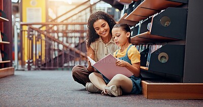 Buy stock photo Child, story or teaching with book in library, development or learning growth in school. Teacher, tutoring or woman with girl, education or female kid for literature lesson, fairy tale or fantasy