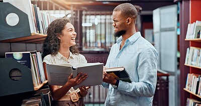 Buy stock photo Laugh, library and man and woman with books for information, research and knowledge. University, college friends and students with textbooks for literature, learning and education for study group