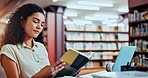 Reading book, education and woman in library at college for knowledge, learning or study for project. Textbook, university or student research for academic literature, information or test preparation