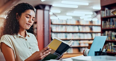 Buy stock photo Reading book, education and woman in library at college for knowledge, learning or study for project. Textbook, university or student research for academic literature, information or test preparation