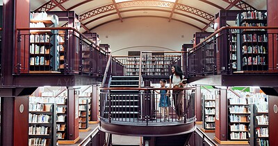 Buy stock photo Woman, girl and library stairs with study for information, learning or knowledge for academic tutor. Book session, student development and education with teacher, scholarship and walking people