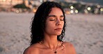Holistic, meditation and zen with woman on beach for balance, inner peace or mental health. Awareness, mindfulness and wellness with person on sand at coast of tropical island paradise for quiet
