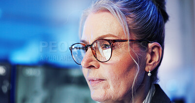 Buy stock photo Government, monitoring and night with woman in office for intelligence, security or surveillance. Footage, live feed and watching with mature employee in CCTV control room for crime prevention