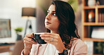 Business, coffee and thinking with Indian woman in office for future, planning or vision of company. Decision, development and ideas with employee person drinking caffeine beverage in workplace