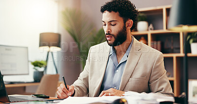 Buy stock photo Business, man and writing with documents in office for planning, company contract and agreement. Male person, paperwork and information for compliance, legal form and application for insurance notary