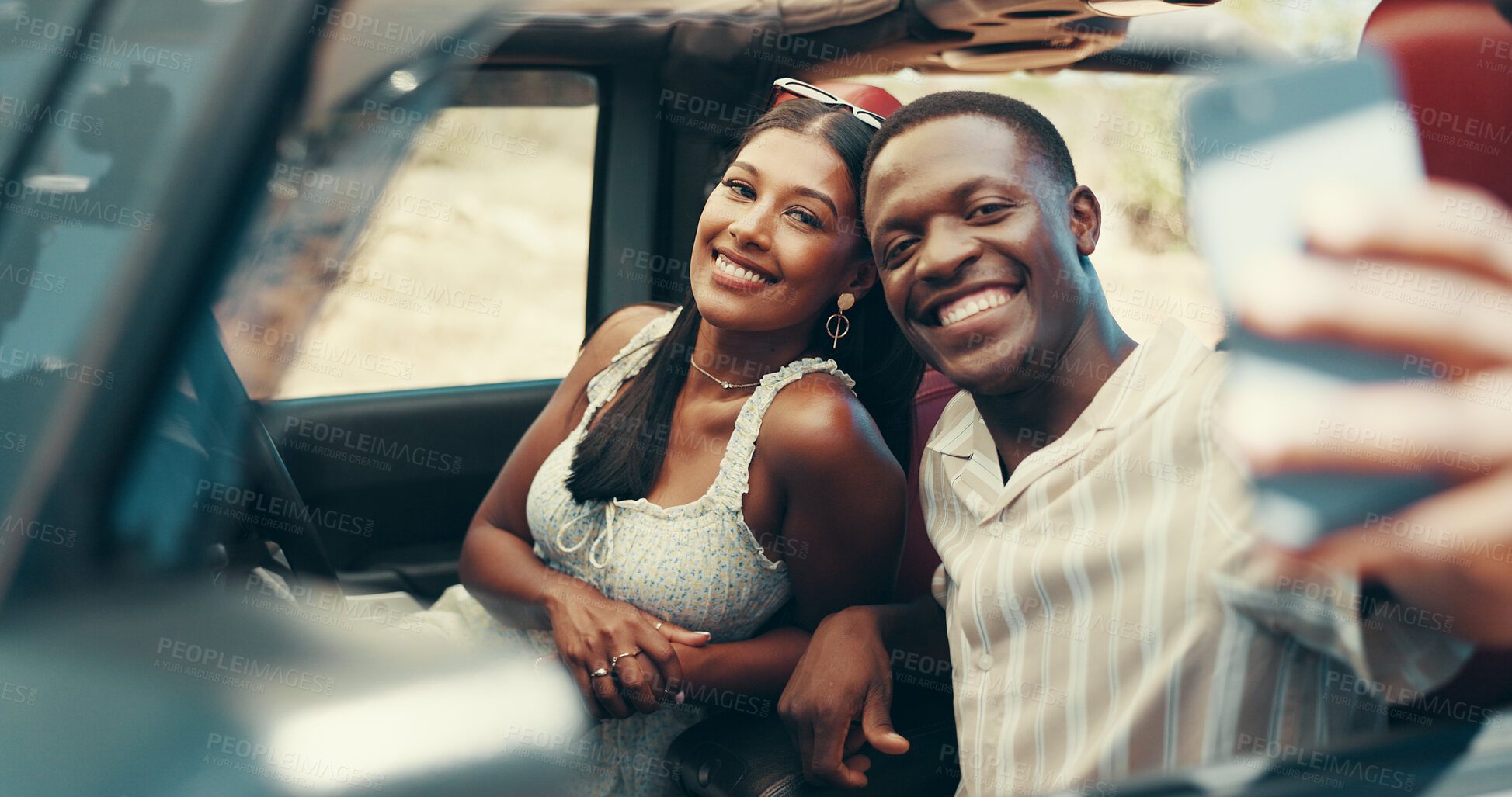 Buy stock photo Couple, selfie and road trip in car, happy and post for memory with love, journey and vacation. People, man and woman with photography, smile and application for social media with travel on holiday
