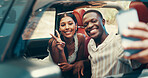 Couple, selfie and road trip in car, smile and post for memory on web, journey and vacation. People, man and woman with photography, happy and mobile app for social network with travel on holiday