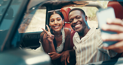 Buy stock photo Couple, selfie and road trip in car, smile and post for memory on web, journey and vacation. People, man and woman with photography, happy and application for social network with travel on holiday