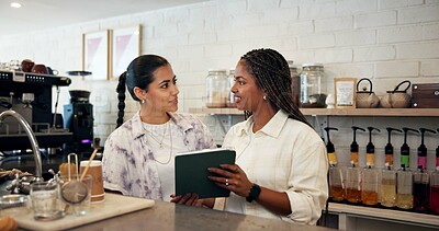 Buy stock photo Woman, waitress and meeting on tablet at cafe of menu update, online order and inventory management. Team, staff training and review web, stock information and store checklist of hospitality industry