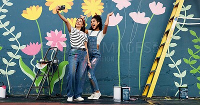 Buy stock photo Outdoor, artist and women with mural, selfie and friends with smile for painting, online and social media. Bonding, painter and people with photography for wall art, post and creativity with decor