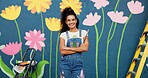 Mural, artist and woman with arms crossed, portrait and proud of decoration for wall and creative. Confident, painter and confidence for design in neighbourhood, outdoor and community project in USA