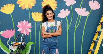 Buy stock photo Mural, artist and woman with arms crossed, portrait and proud of decoration for wall and creative. Confident, painter and confidence for design in neighbourhood, outdoor and community project in USA