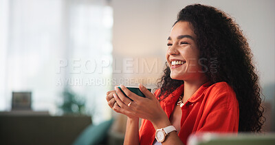 Buy stock photo Happy woman, coffee and drink with laughter for good morning, beverage or comfort at home. Female person, freelancer or relax with smile, cup or mug for caffeine break, rest or satisfaction at house