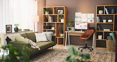 Buy stock photo Empty, home office and tech for workstation, furniture and couch for comfort in room, web and apartment. House, internet and monitor for remote work, minimal and connection  in workspace or online