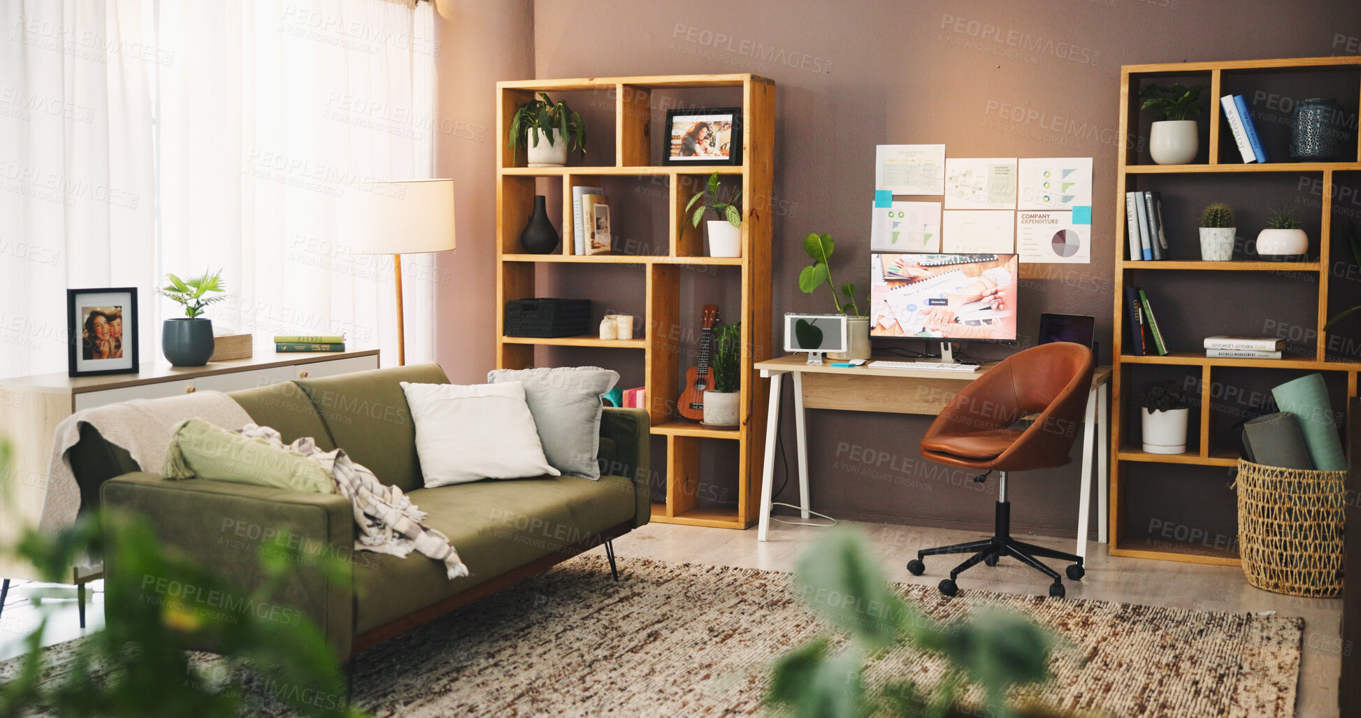 Buy stock photo Empty, home office and tech for workstation, furniture and couch for comfort in room, web and apartment. House, internet and monitor for remote work, minimal and connection  in workspace or online