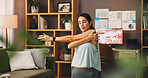 Woman, yoga and stretching with arms for workout, physical exercise or fitness at home. Female person, yogi or warm up with training activity for flexibility, pilates or health and wellness at house