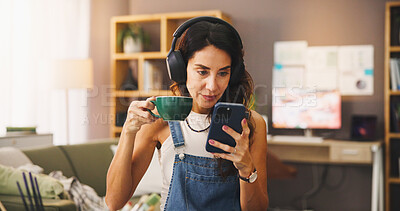 Buy stock photo Woman, smile and coffee with smartphone for music, change playlist and online streaming on break. Home, mature female person and relax with headphones for mobile application, audio track and drink