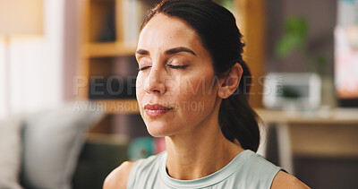 Buy stock photo Calm woman, meditation and relax with zen for mindfulness or spiritual wellness at home. Female person, yogi or eyes closed with inner peace or breathing exercise for stress relief or awareness