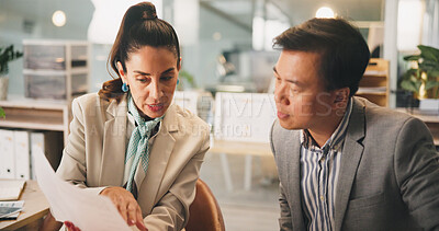 Buy stock photo Collaboration, documents and discussion with business people in office for development or planning. Contact, paper and report with employee team in corporate workplace for conversation or strategy