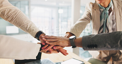 Buy stock photo Collaboration, hands and meeting with business people in office for motivation, solidarity or unity. Huddle, scrum and stack with employee team in corporate workplace for celebration or success